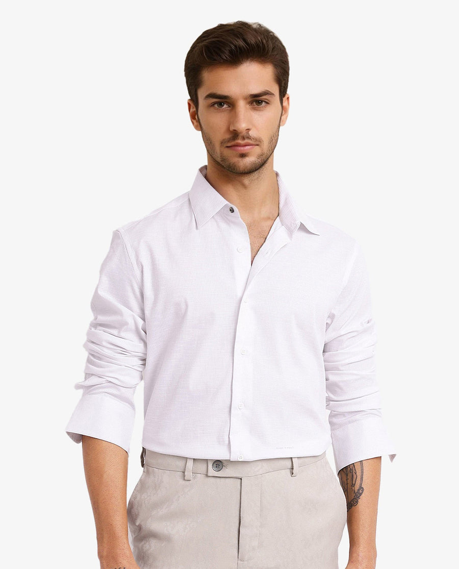 Rare Rabbit Men's Auxon White Cotton Textured Regular Fit Full Sleeve Collared Shirt