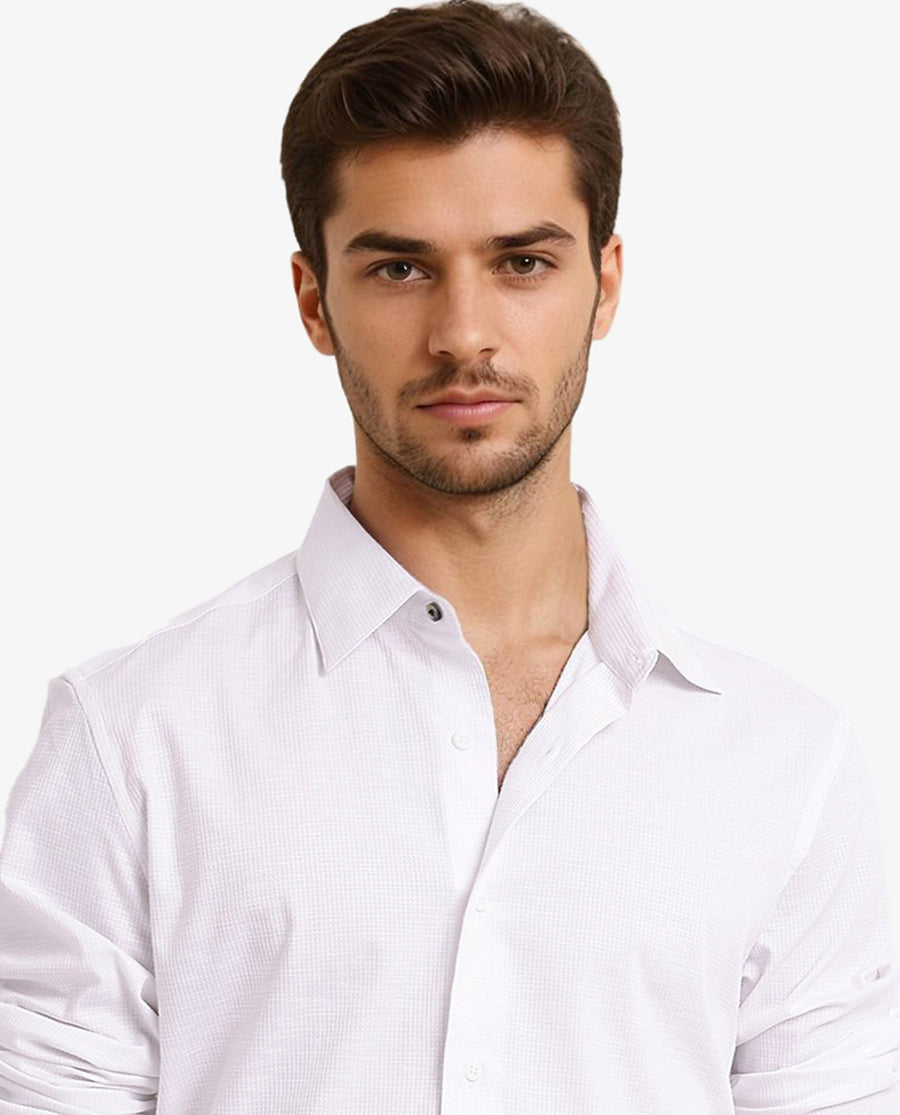 Rare Rabbit Men's Auxon White Cotton Textured Regular Fit Full Sleeve Collared Shirt