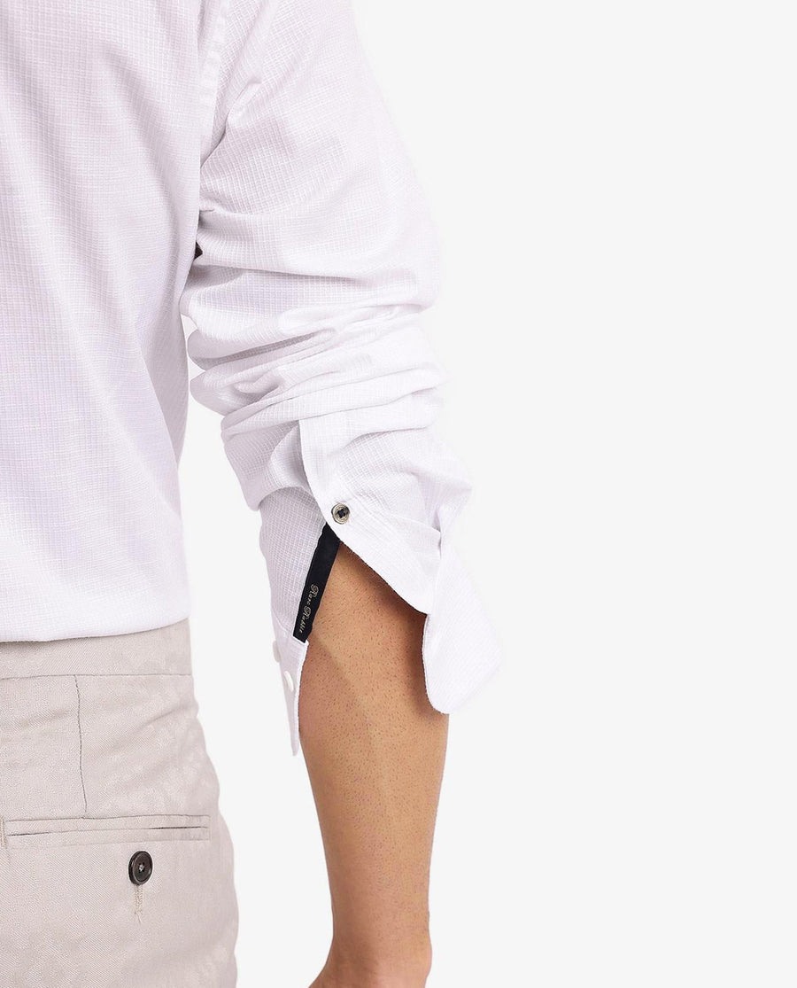 Rare Rabbit Men's Auxon White Cotton Textured Regular Fit Full Sleeve Collared Shirt