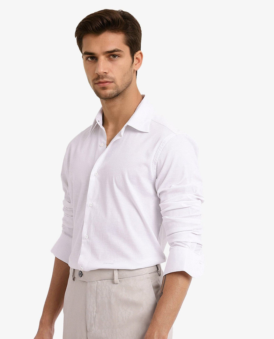 Rare Rabbit Men's Auxon White Cotton Textured Regular Fit Full Sleeve Collared Shirt