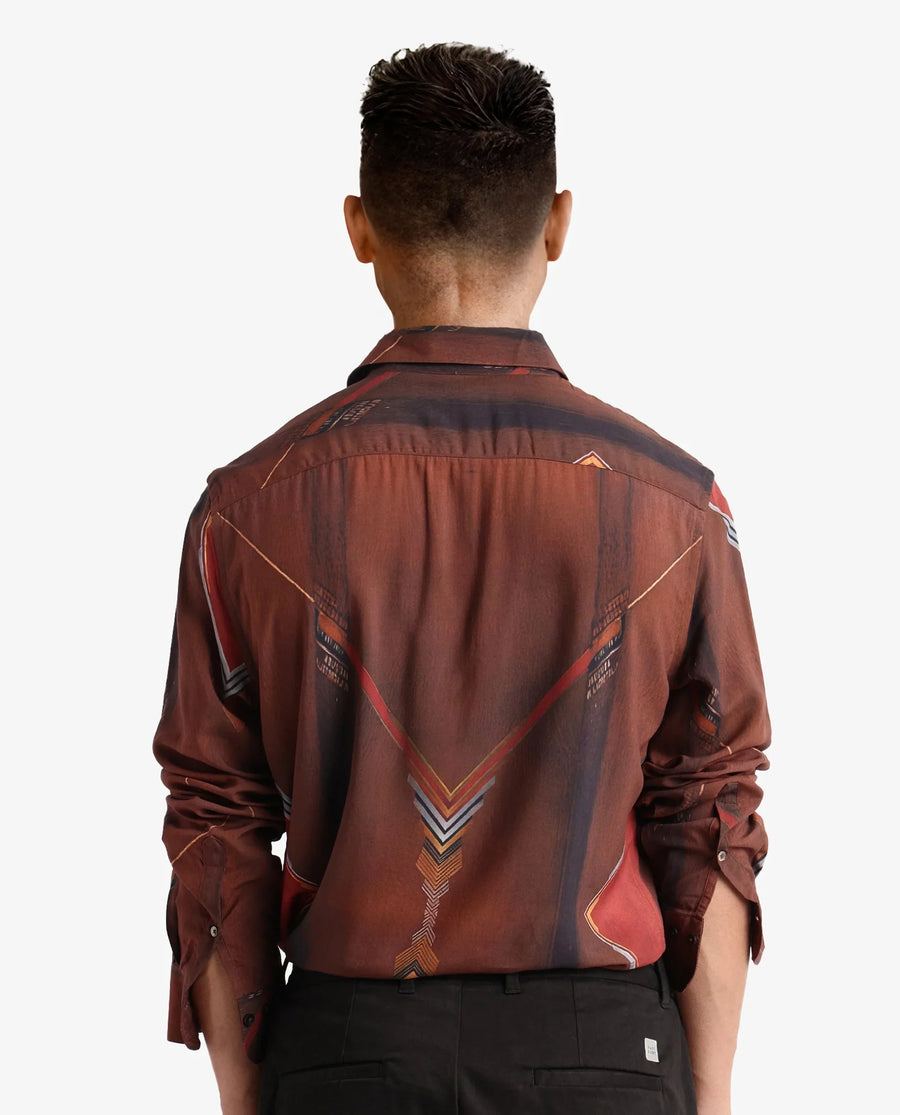 Rare Rabbit Men's Avant Brown Cotton Abstract Print Regular Fit Full Sleeve Collared Shirt