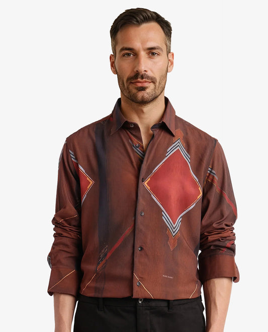 Rare Rabbit Men's Avant Brown Cotton Abstract Print Regular Fit Full Sleeve Collared Shirt