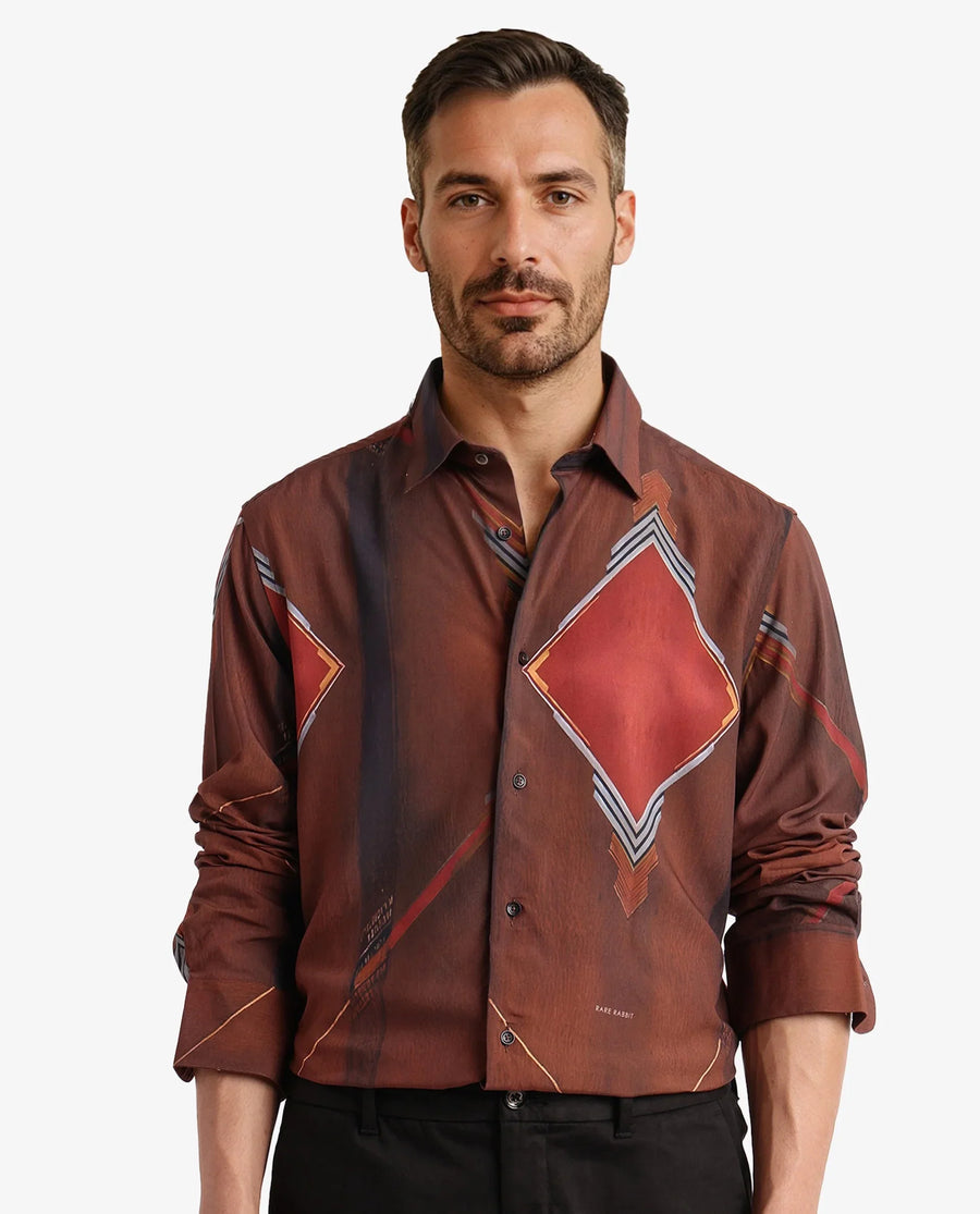Rare Rabbit Men's Avant Brown Cotton Abstract Print Regular Fit Full Sleeve Collared Shirt