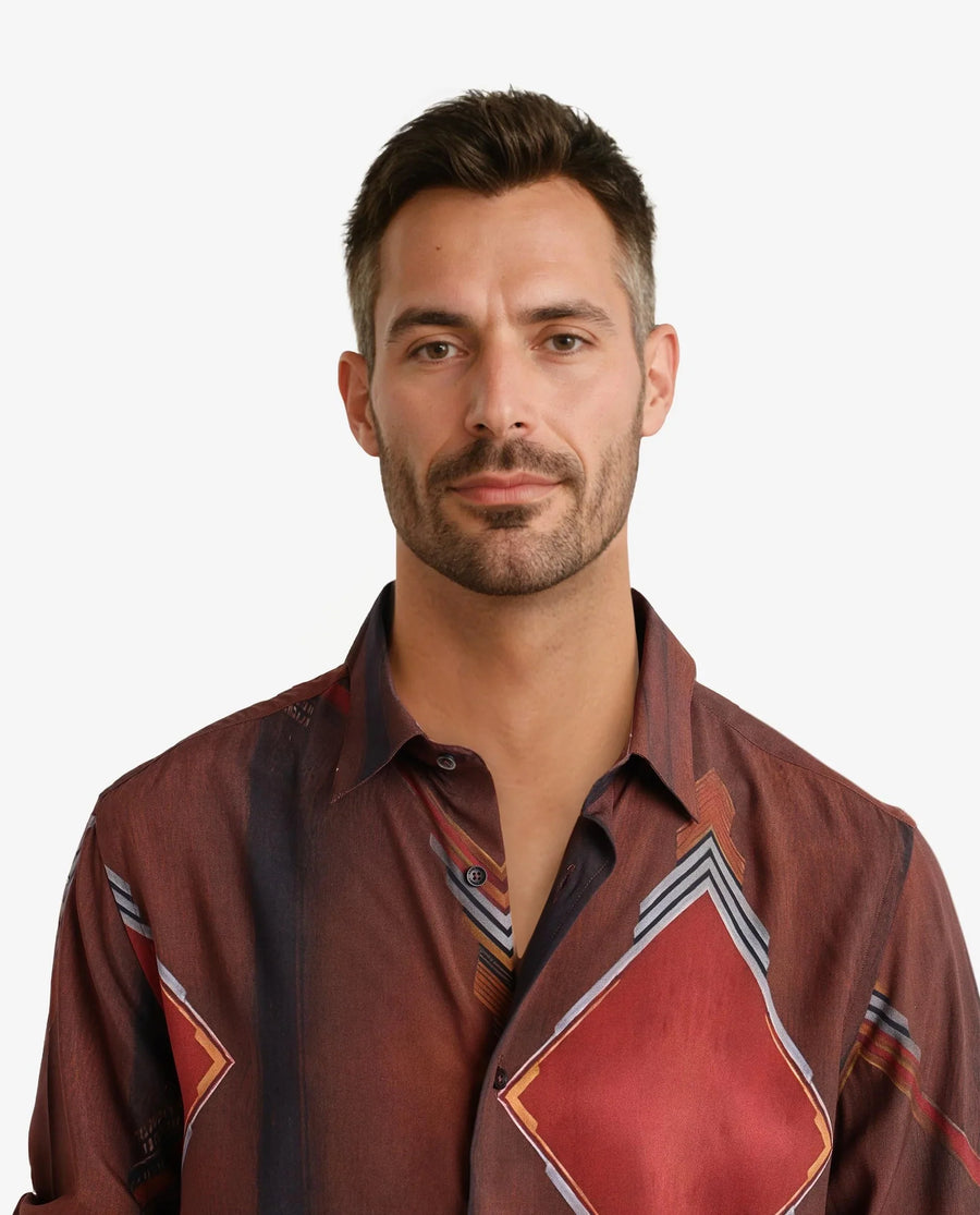 Rare Rabbit Men's Avant Brown Cotton Abstract Print Regular Fit Full Sleeve Collared Shirt