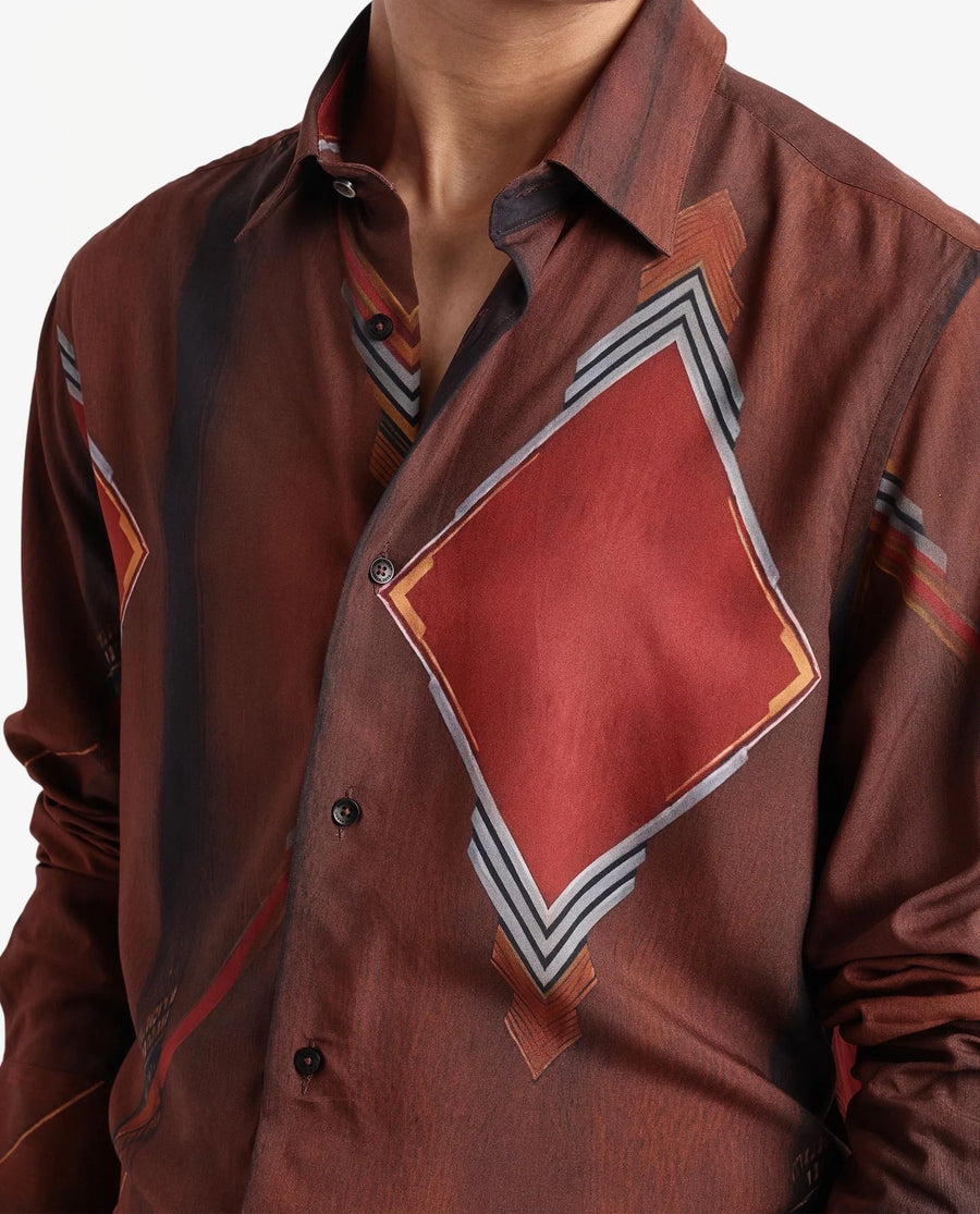 Rare Rabbit Men's Avant Brown Cotton Abstract Print Regular Fit Full Sleeve Collared Shirt