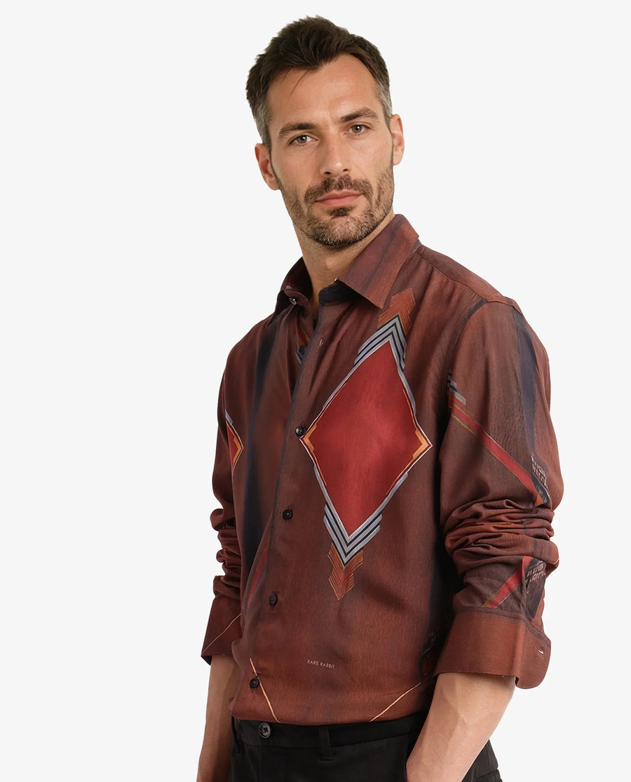 Rare Rabbit Men's Avant Brown Cotton Abstract Print Regular Fit Full Sleeve Collared Shirt