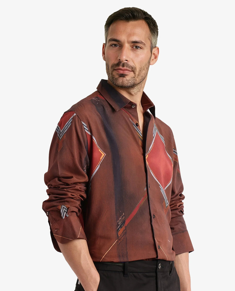 Rare Rabbit Men's Avant Brown Cotton Abstract Print Regular Fit Full Sleeve Collared Shirt