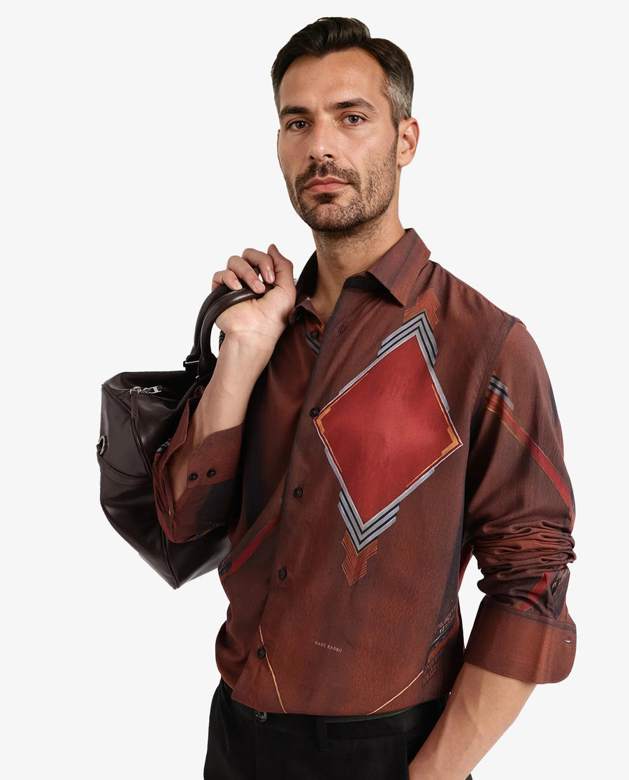 Rare Rabbit Men's Avant Brown Cotton Abstract Print Regular Fit Full Sleeve Collared Shirt