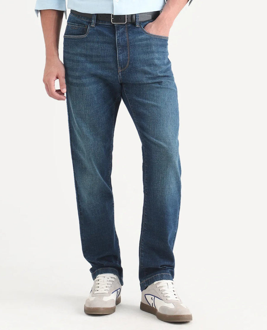 Rare Rabbit Men's Axel M Blue Cotton Blend Morris Regular Fit Plain Jeans