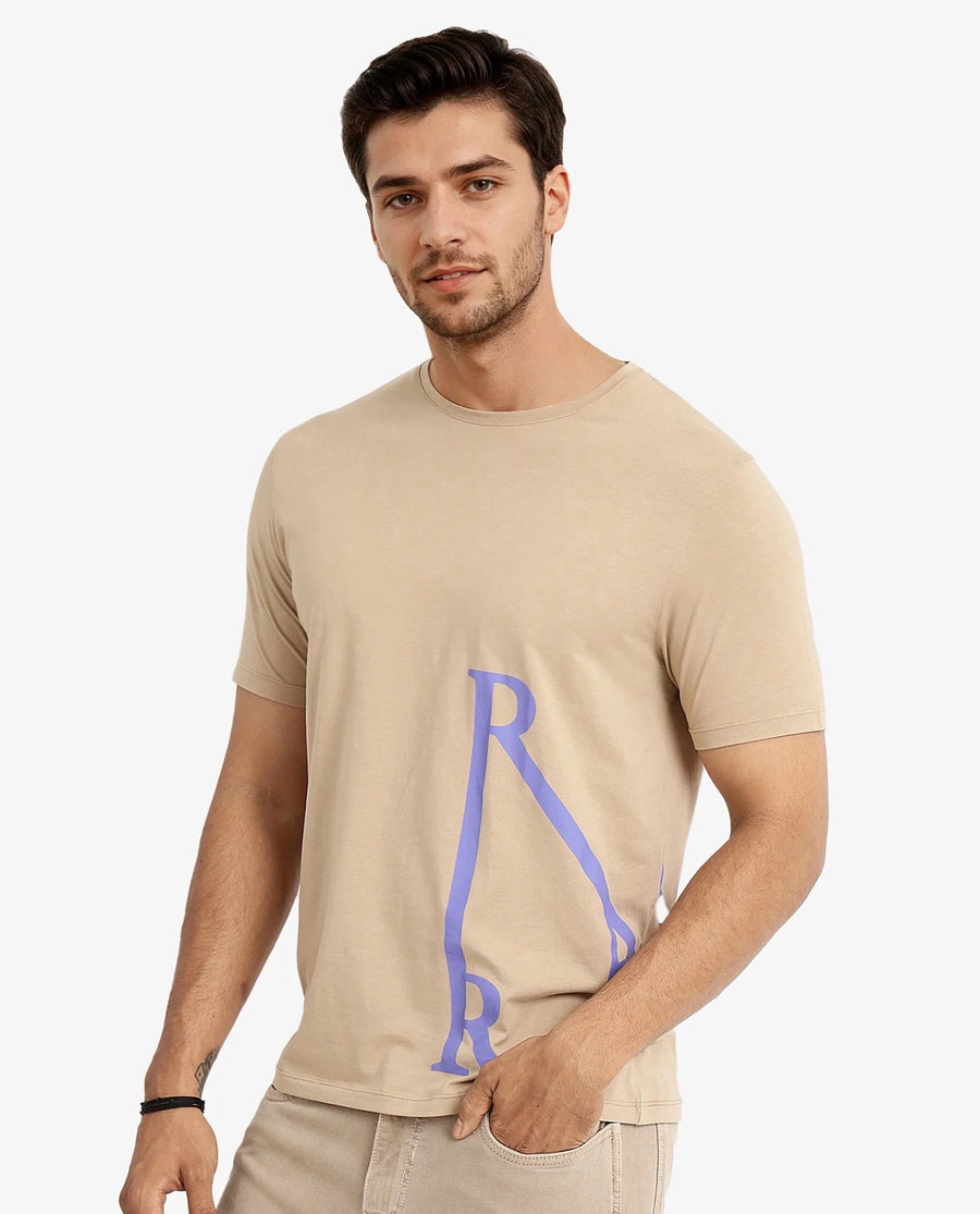 Rare Rabbit Men's Ayden Beige Cotton Graphic Print Regular Fit Half Sleeve Crew Neck T-Shirt
