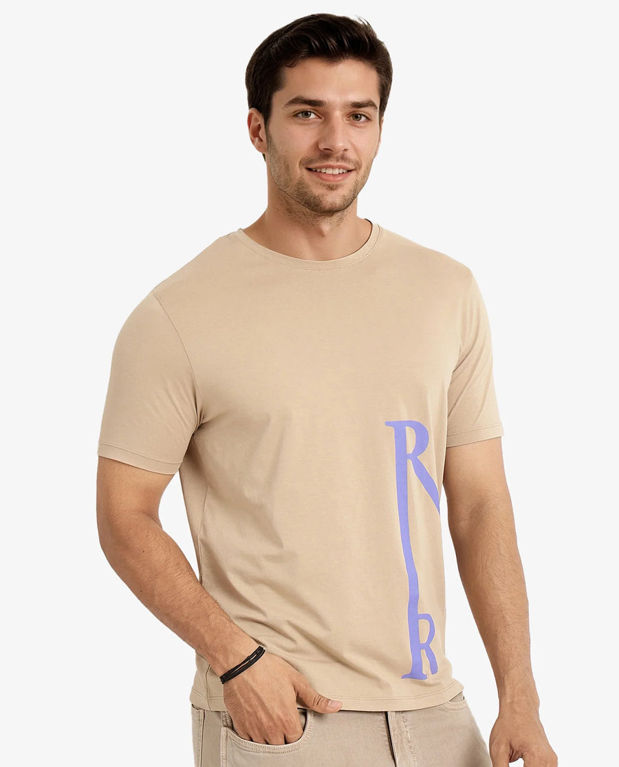 Rare Rabbit Men's Ayden Beige Cotton Graphic Print Regular Fit Half Sleeve Crew Neck T-Shirt