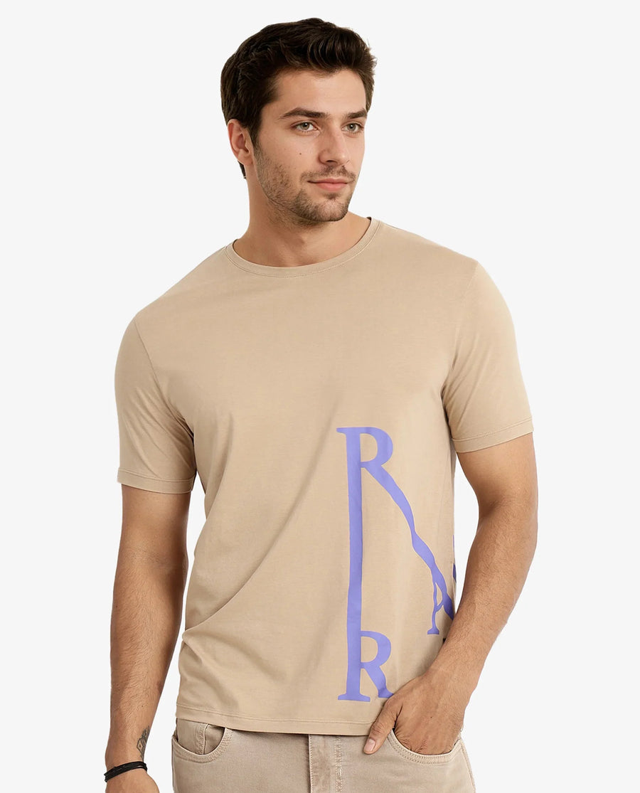Rare Rabbit Men's Ayden Beige Cotton Graphic Print Regular Fit Half Sleeve Crew Neck T-Shirt