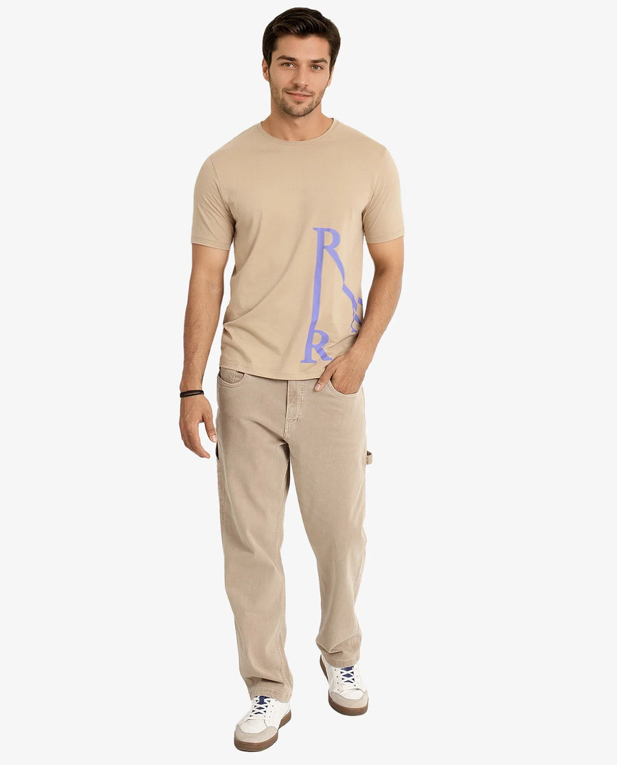 Rare Rabbit Men's Ayden Beige Cotton Graphic Print Regular Fit Half Sleeve Crew Neck T-Shirt
