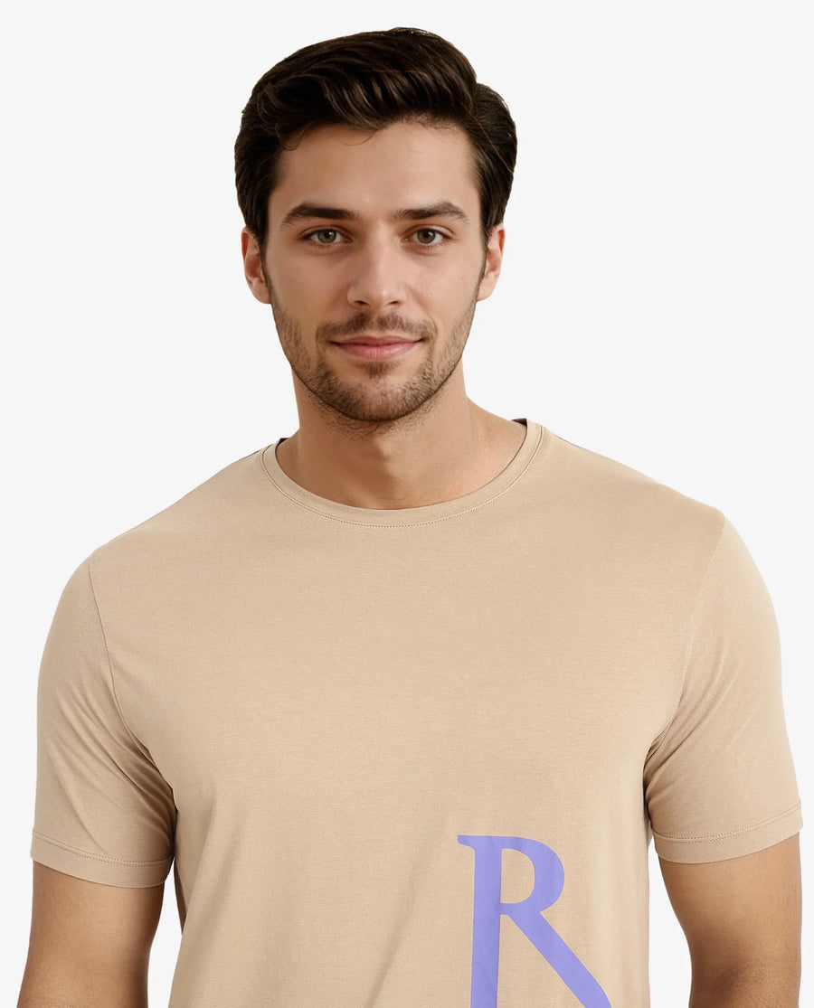 Rare Rabbit Men's Ayden Beige Cotton Graphic Print Regular Fit Half Sleeve Crew Neck T-Shirt