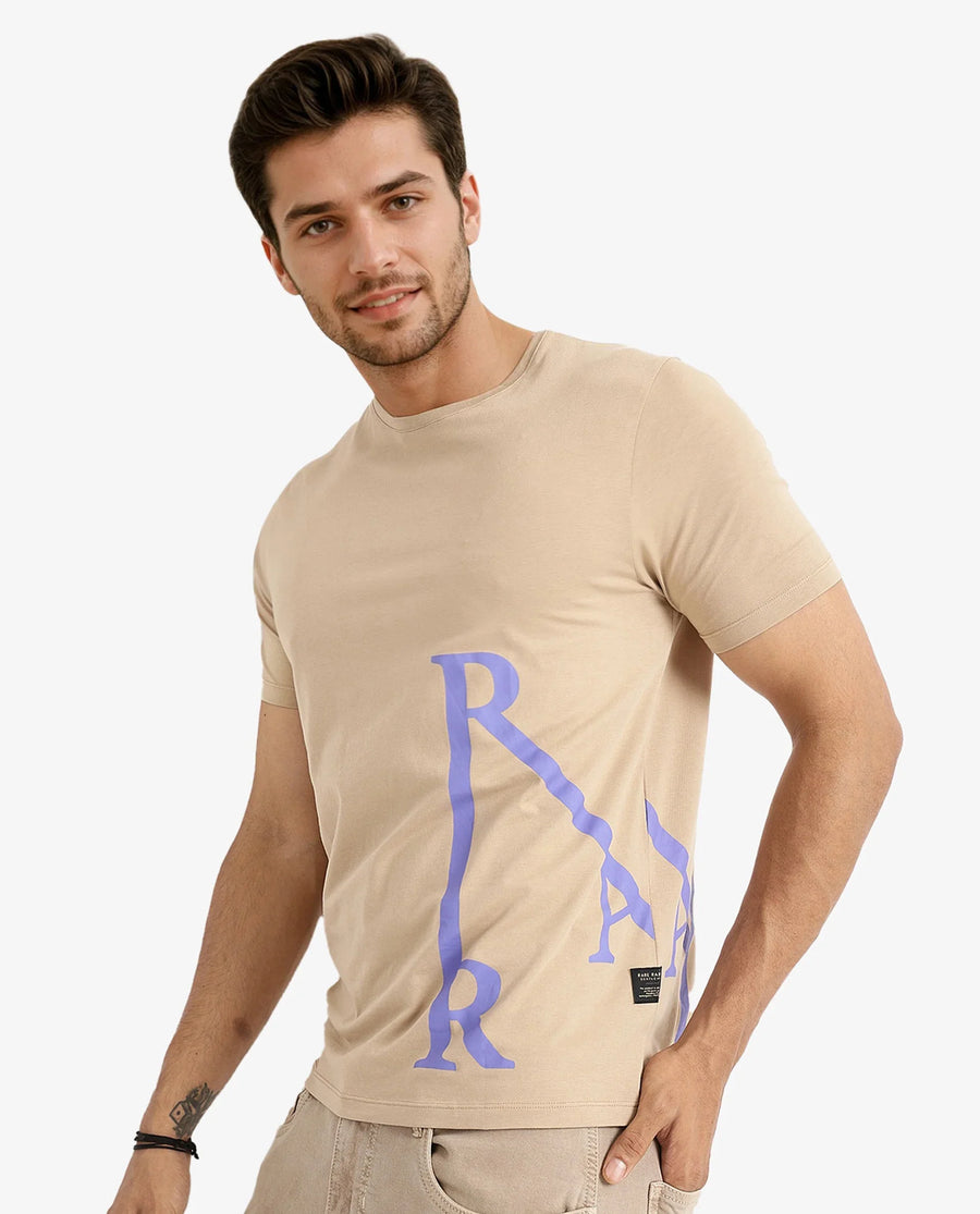 Rare Rabbit Men's Ayden Beige Cotton Graphic Print Regular Fit Half Sleeve Crew Neck T-Shirt