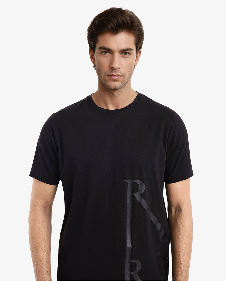 Rare Rabbit Men's Ayden Black Cotton Graphic Print Regular Fit Half Sleeve Crew Neck T-Shirt