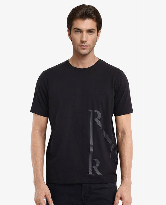 Rare Rabbit Men's Ayden Black Cotton Graphic Print Regular Fit Half Sleeve Crew Neck T-Shirt