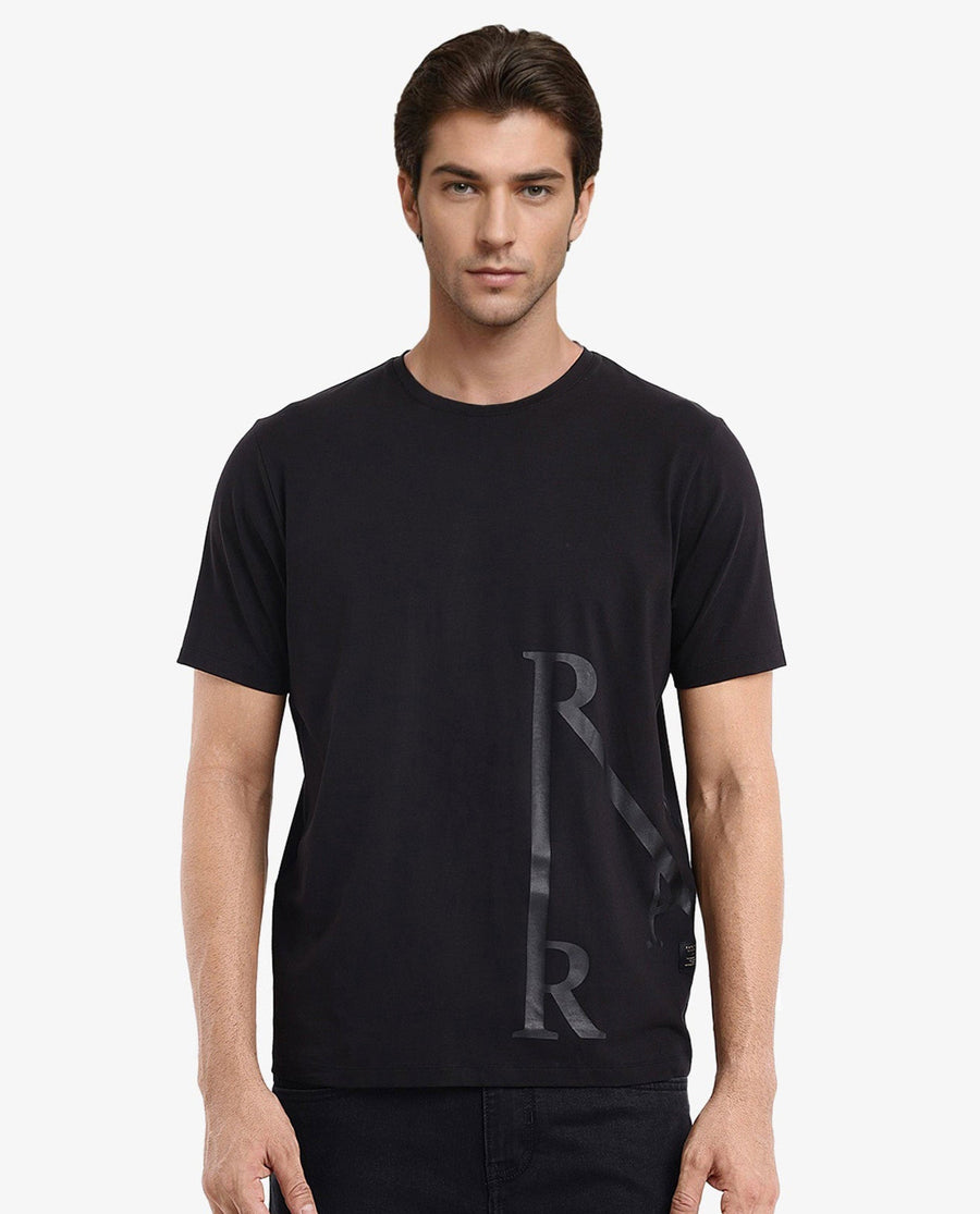 Rare Rabbit Men's Ayden Black Cotton Graphic Print Regular Fit Half Sleeve Crew Neck T-Shirt
