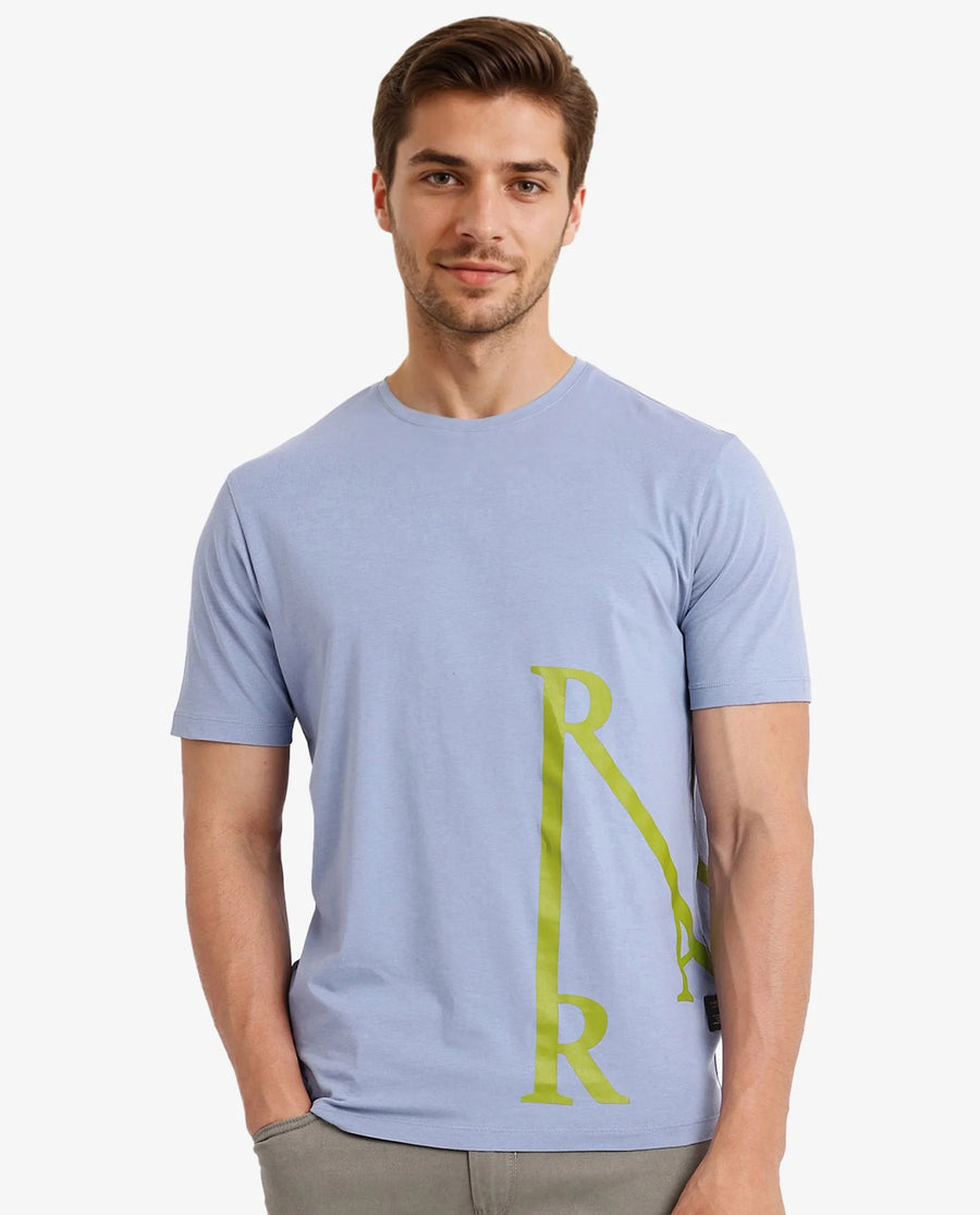 Rare Rabbit Men's Ayden Light Blue Cotton Graphic Print Regular Fit Half Sleeve Crew Neck T-Shirt