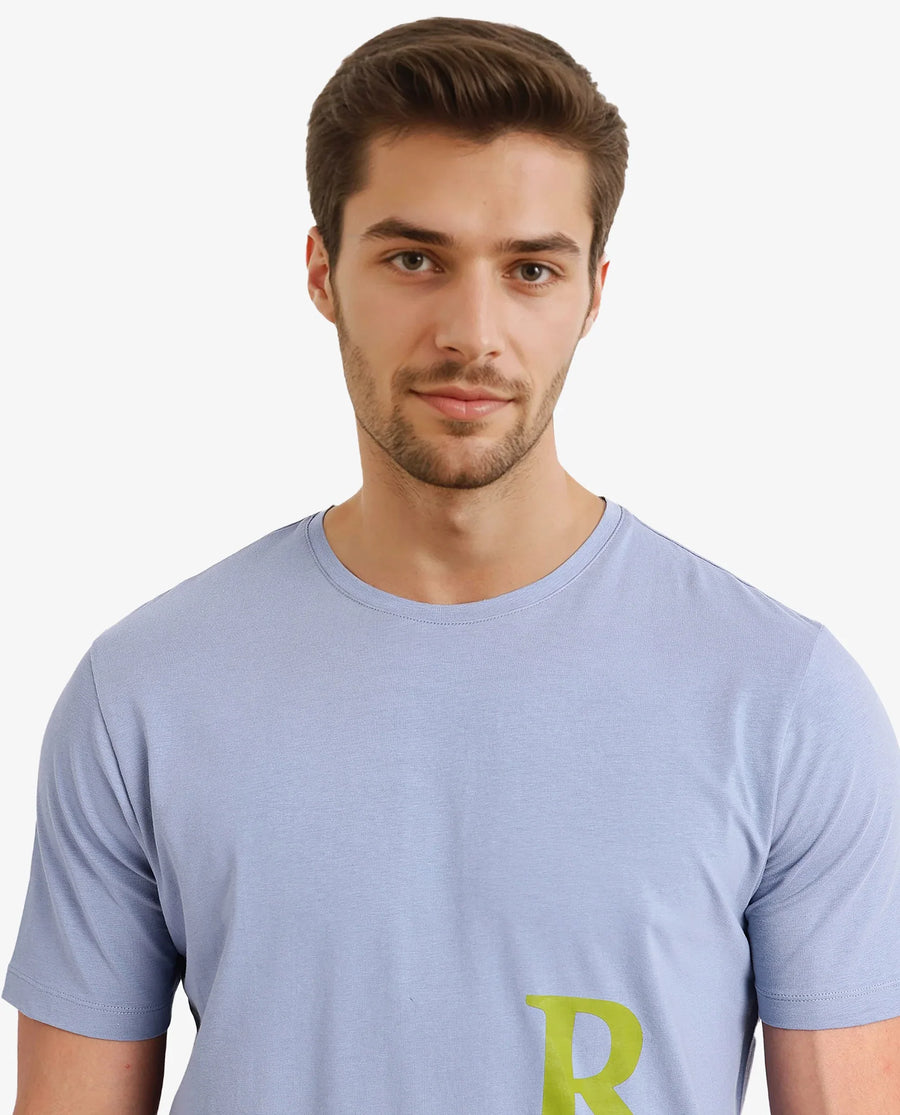 Rare Rabbit Men's Ayden Light Blue Cotton Graphic Print Regular Fit Half Sleeve Crew Neck T-Shirt