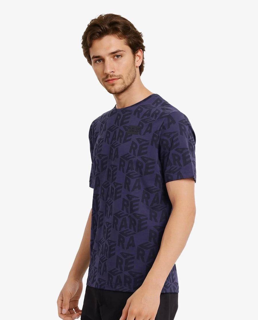 Rare Rabbit Men's Azo Dusky Blue Cotton Graphic Print Regular Fit Half Sleeve Crew Neck T-Shirt