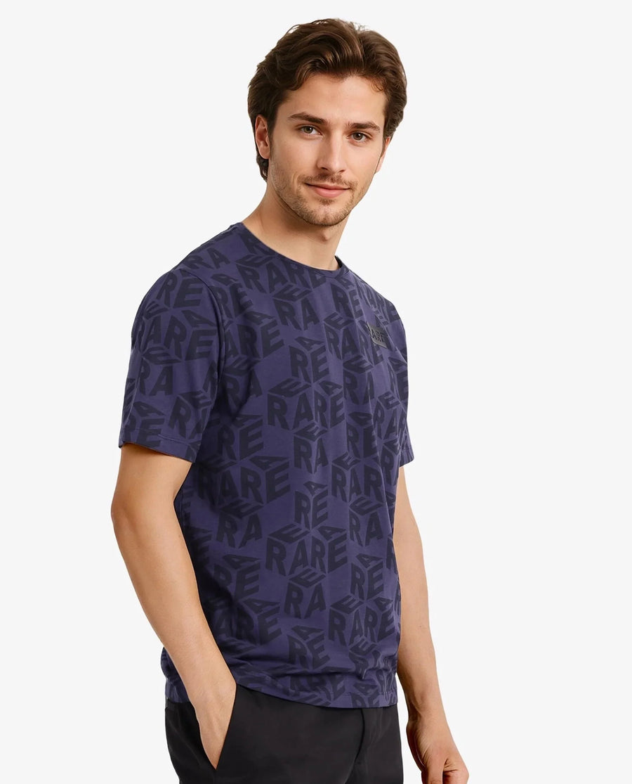 Rare Rabbit Men's Azo Dusky Blue Cotton Graphic Print Regular Fit Half Sleeve Crew Neck T-Shirt