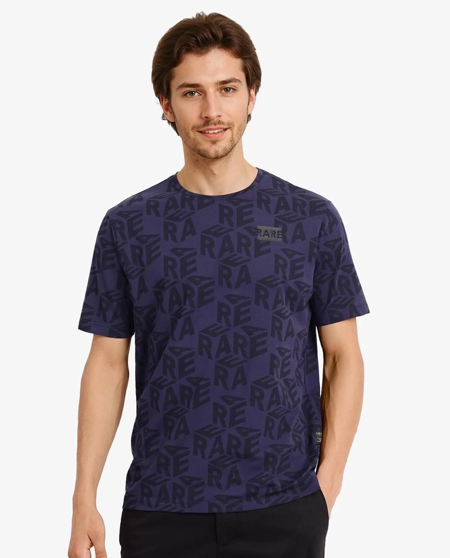 Rare Rabbit Men's Azo Dusky Blue Cotton Graphic Print Regular Fit Half Sleeve Crew Neck T-Shirt