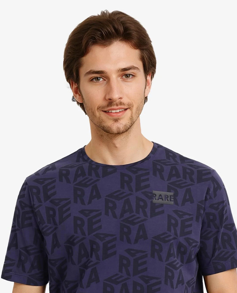 Rare Rabbit Men's Azo Dusky Blue Cotton Graphic Print Regular Fit Half Sleeve Crew Neck T-Shirt