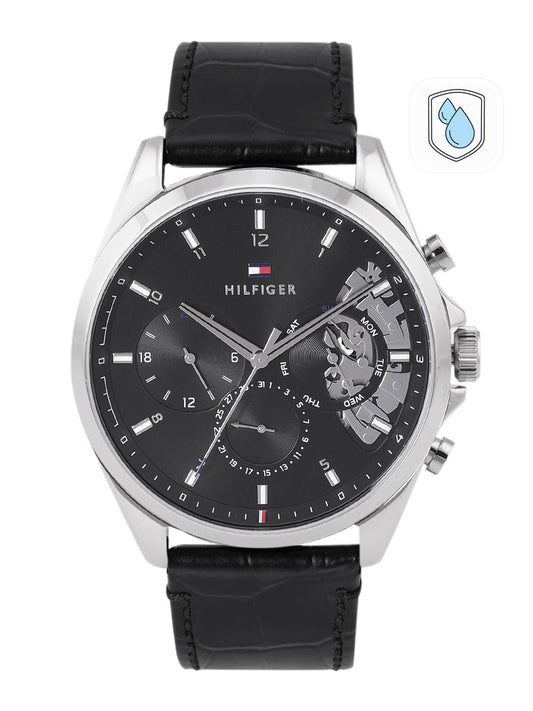 Tommy Hilfiger Men Black Dial & Textured Leather Straps Analogue Chronograph Watch
