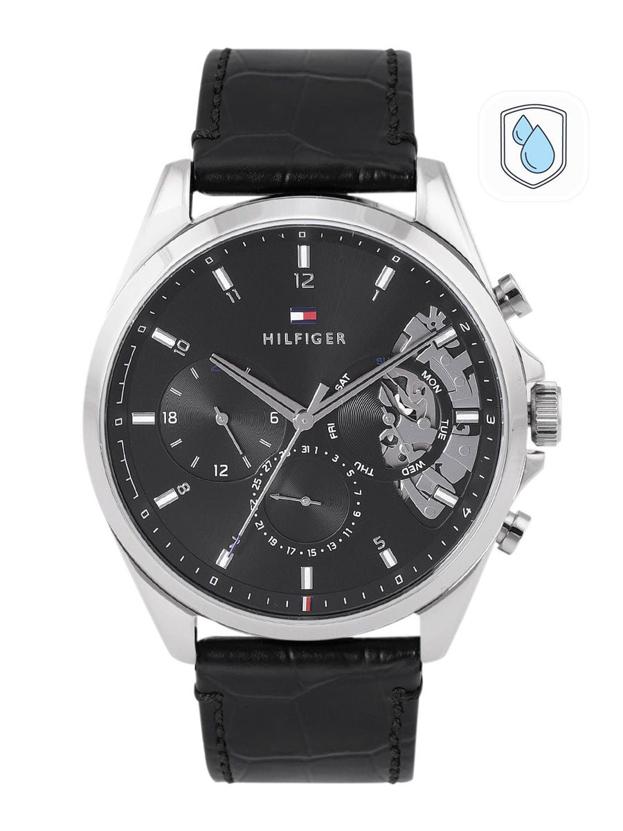 Tommy Hilfiger Men Black Dial & Textured Leather Straps Analogue Chronograph Watch