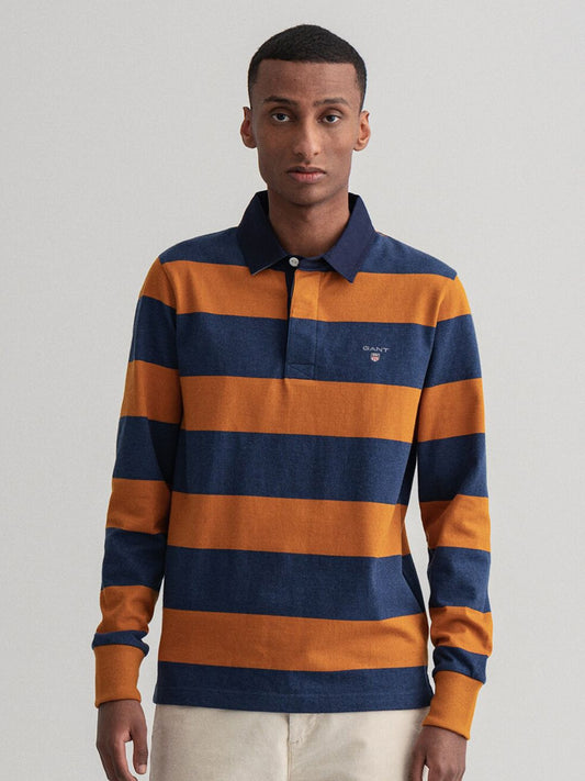 GANT Men Mustard Yellow & Blue Striped Polo Collar Slim Fit T-shirt