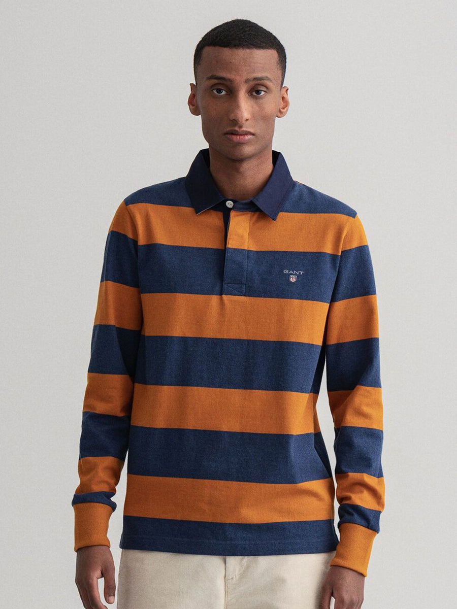 GANT Men Mustard Yellow & Blue Striped Polo Collar Slim Fit T-shirt