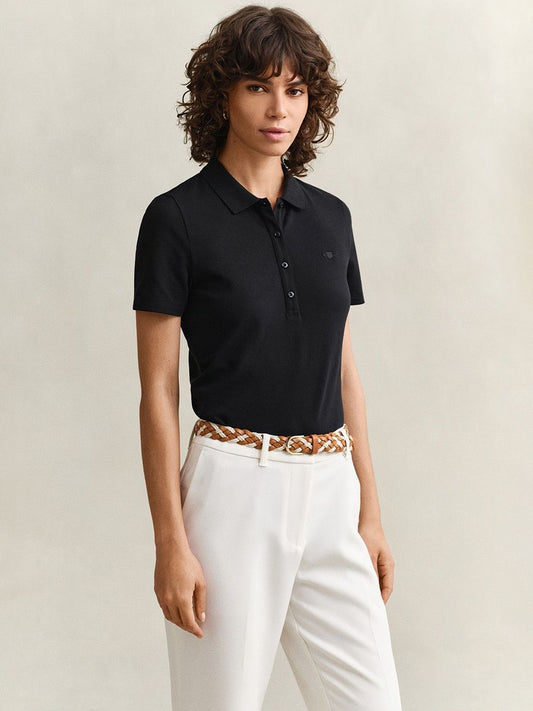 Gant Women Black Solid Slim Fit Shield Pique Polo T-Shirt