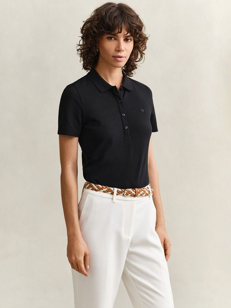 Gant Women Black Solid Slim Fit Shield Pique Polo T-Shirt