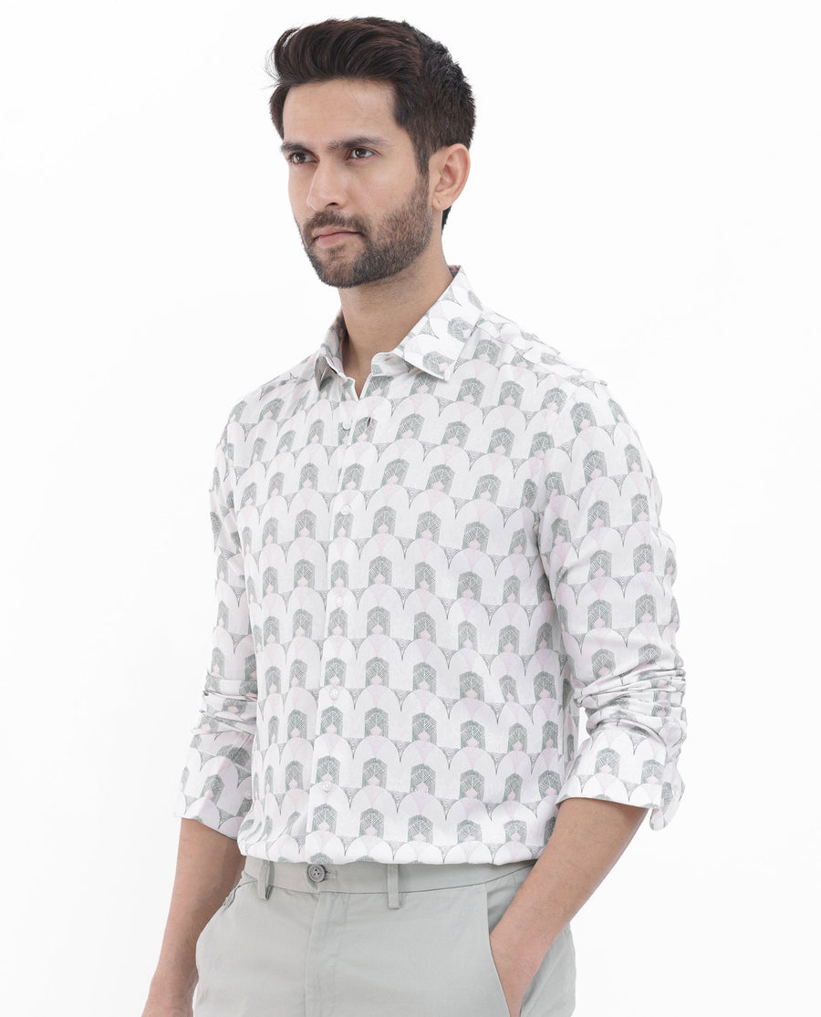 Rare Rabbit Men's Balic Pastel Green Viscose Geometric Print Regular Fit Full Sleeve Collared Shirt