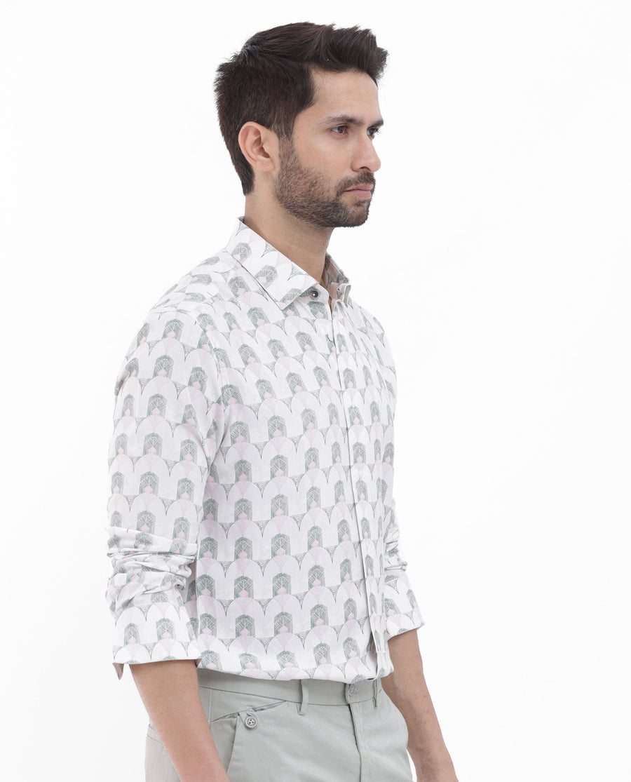 Rare Rabbit Men's Balic Pastel Green Viscose Geometric Print Regular Fit Full Sleeve Collared Shirt