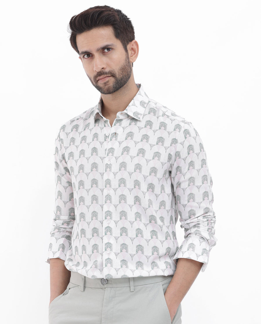 Rare Rabbit Men's Balic Pastel Green Viscose Geometric Print Regular Fit Full Sleeve Collared Shirt