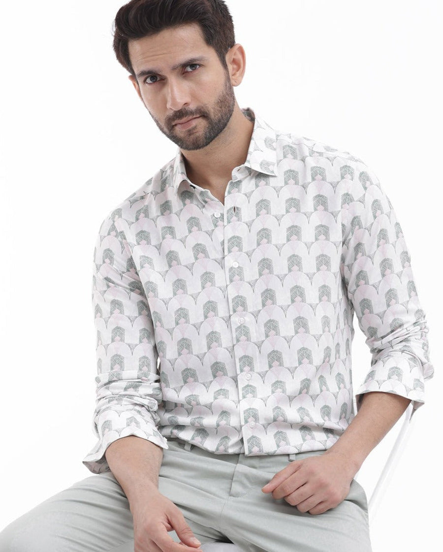 Rare Rabbit Men's Balic Pastel Green Viscose Geometric Print Regular Fit Full Sleeve Collared Shirt