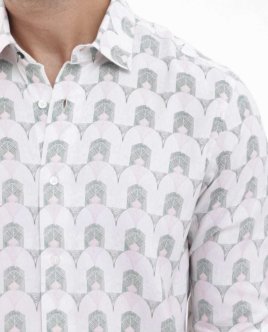 Rare Rabbit Men's Balic Pastel Green Viscose Geometric Print Regular Fit Full Sleeve Collared Shirt