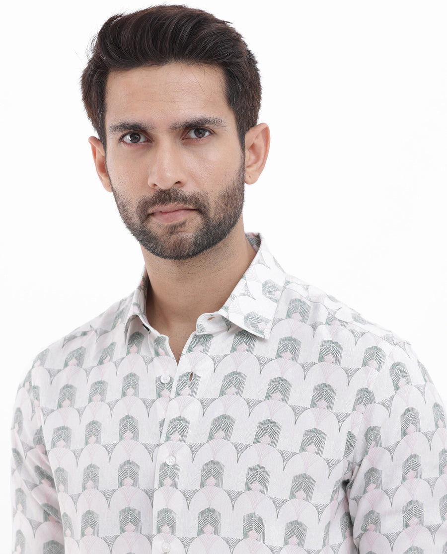 Rare Rabbit Men's Balic Pastel Green Viscose Geometric Print Regular Fit Full Sleeve Collared Shirt
