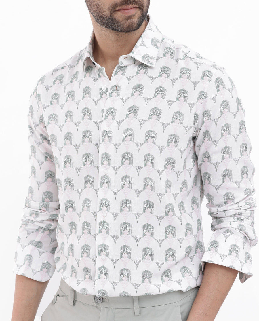 Rare Rabbit Men's Balic Pastel Green Viscose Geometric Print Regular Fit Full Sleeve Collared Shirt