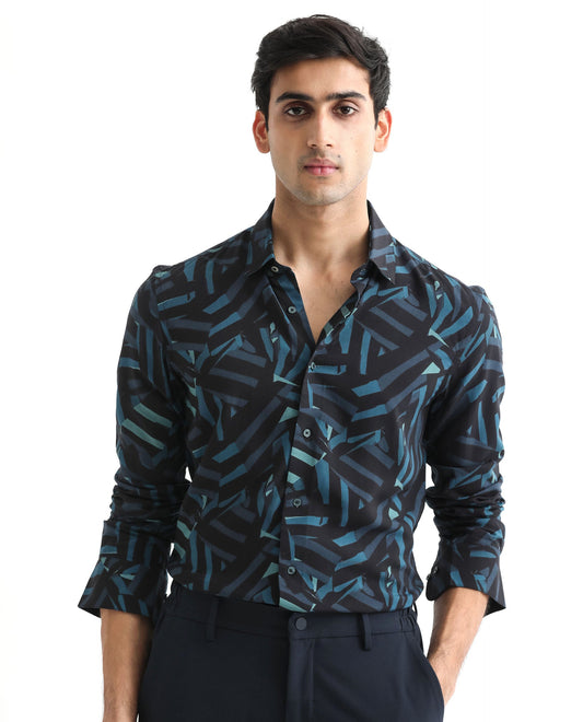 Rare Rabbit Men's Ballet Black Viscose Abstract Print Regular Fit Full Sleeve Collared Shirt