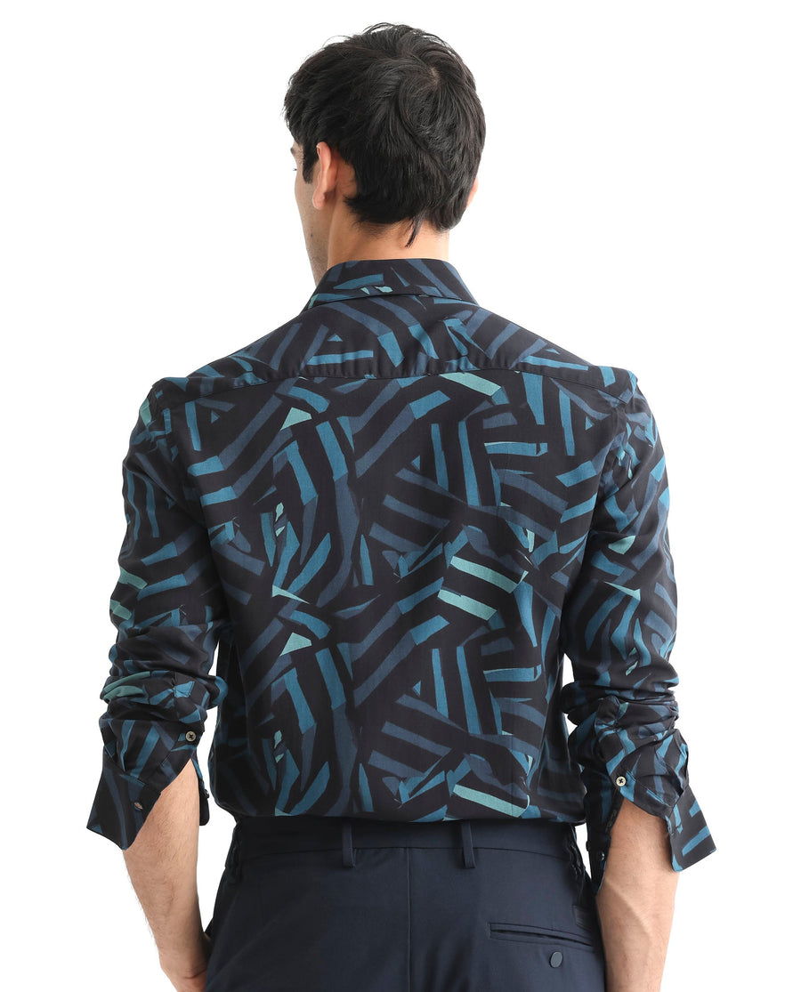 Rare Rabbit Men's Ballet Black Viscose Abstract Print Regular Fit Full Sleeve Collared Shirt
