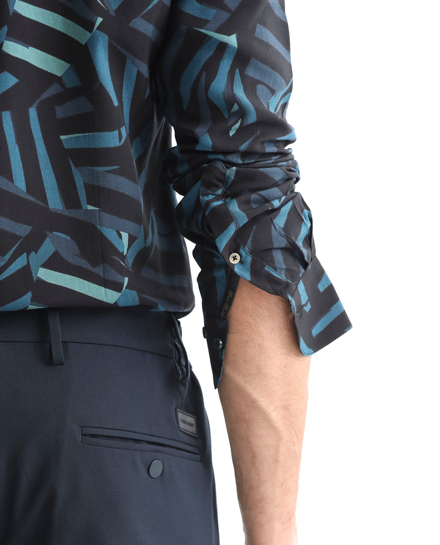 Rare Rabbit Men's Ballet Black Viscose Abstract Print Regular Fit Full Sleeve Collared Shirt