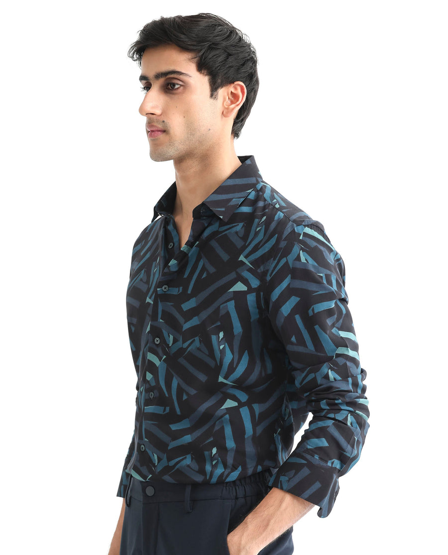 Rare Rabbit Men's Ballet Black Viscose Abstract Print Regular Fit Full Sleeve Collared Shirt