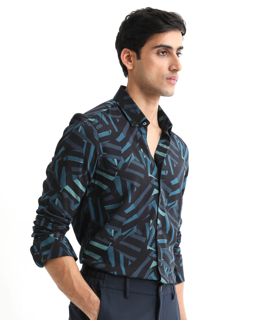 Rare Rabbit Men's Ballet Black Viscose Abstract Print Regular Fit Full Sleeve Collared Shirt