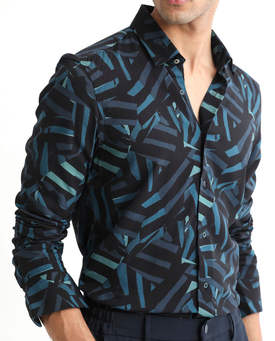 Rare Rabbit Men's Ballet Black Viscose Abstract Print Regular Fit Full Sleeve Collared Shirt