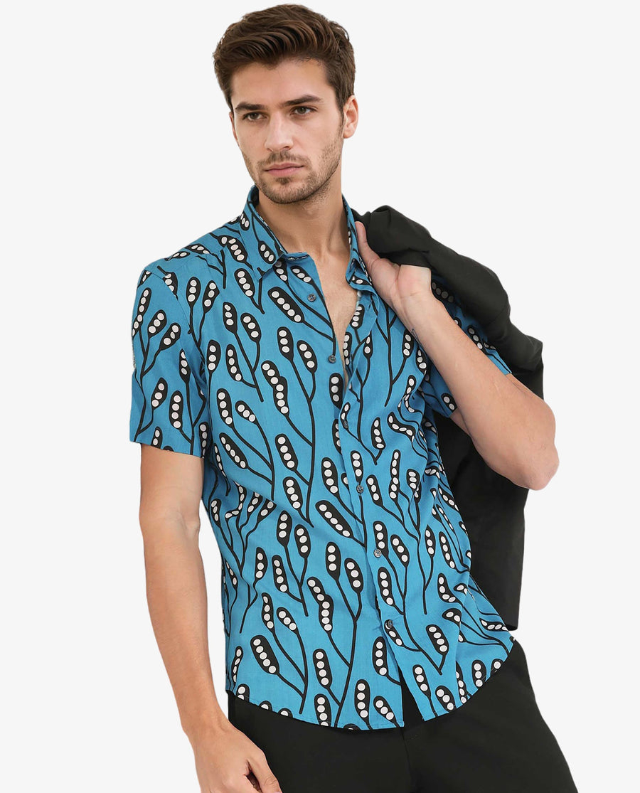 Rare Rabbit Men's Baton Blue Viscose Tropical Print Regular Fit Half Sleeve Collared Shirt