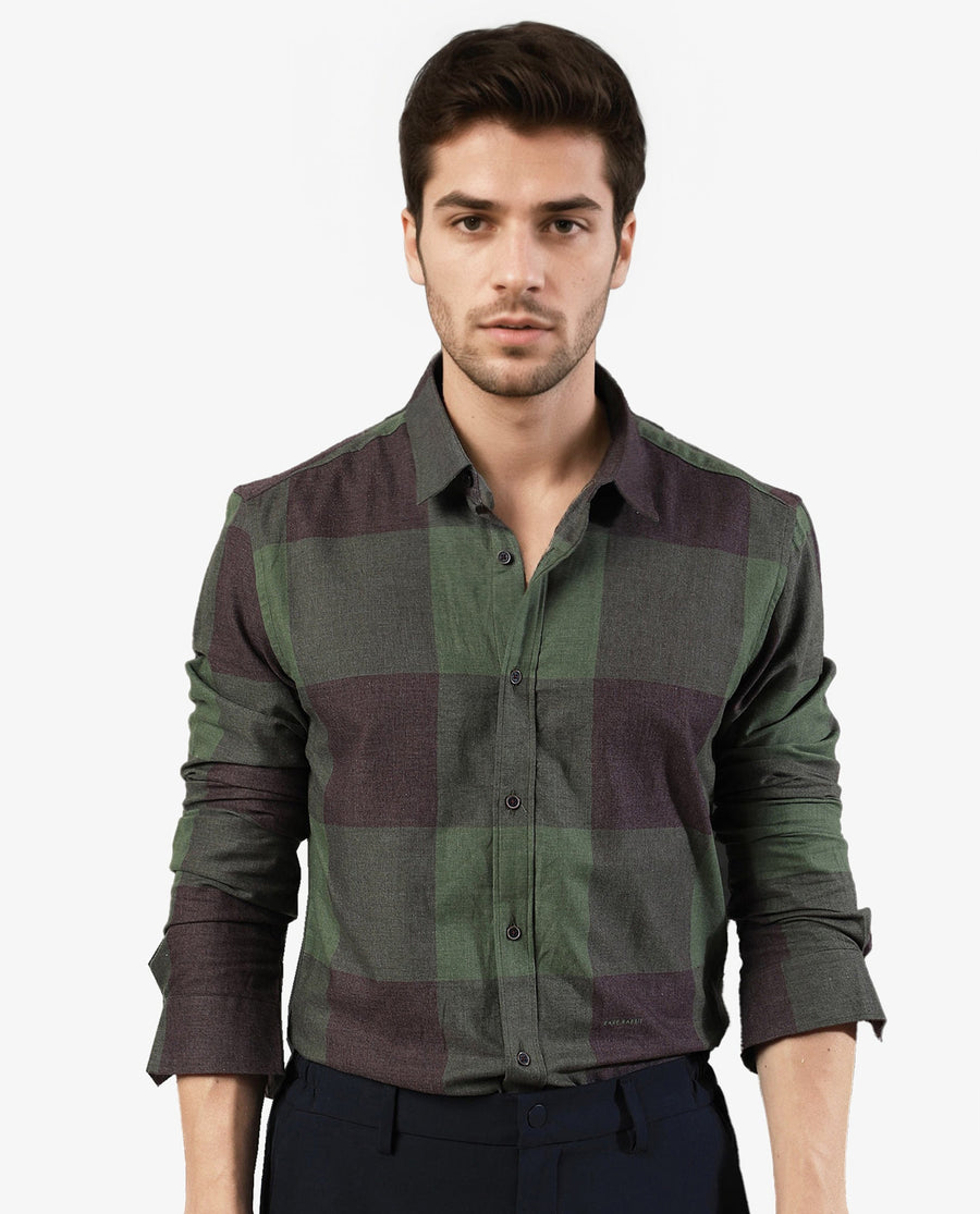 Rare Rabbit Men's Beaver Olive Cotton Checked Print Regular Fit Full Sleeve Collared Shirt