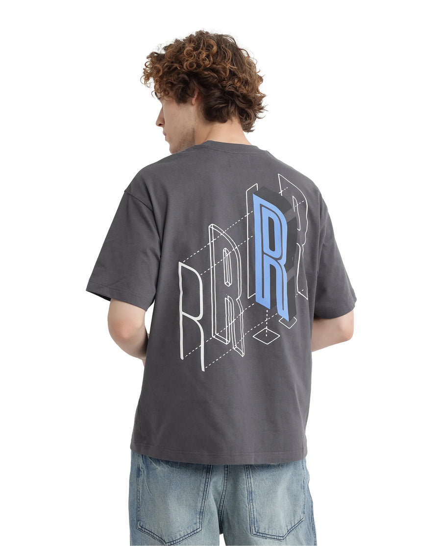 Rare Rabbit Men's Belet Dark Grey Cotton Hd Print Oversized Fit Half Sleeve Crew Neck T-Shirt